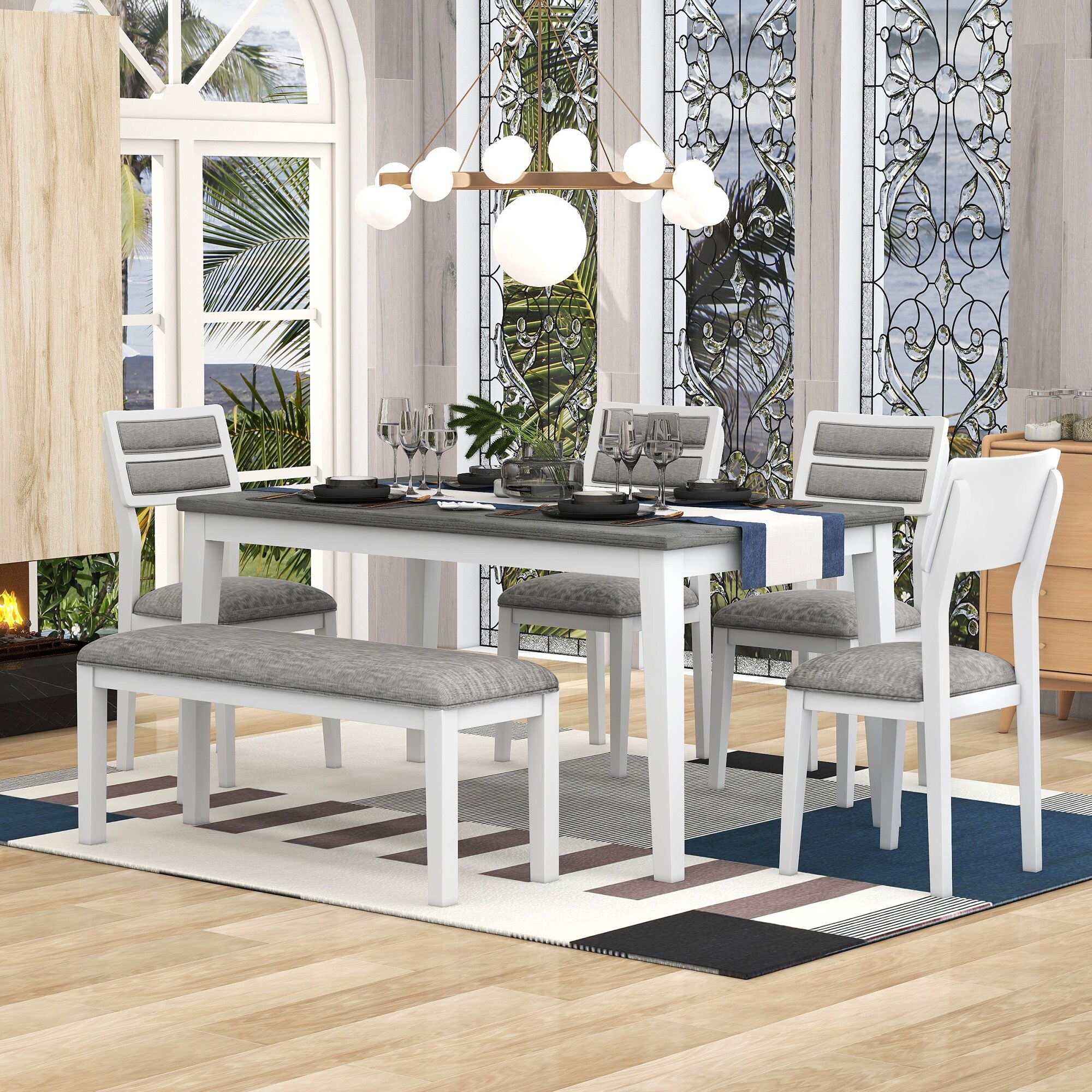 White Gray 6 Piece Wooden Dining Table Set with 4 Chairs Bench Bed Bath Beyond 41774165